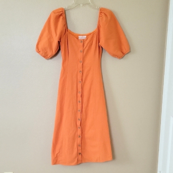 Urban Outfitters Womens Orange Tangerine Button Front Puff Sleeve Midi Dress - Picture 1 of 11